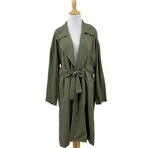 Modern Citizen Trench Coat Womens S Small Ivy Green Notch Lapel Tie Waist Tencel